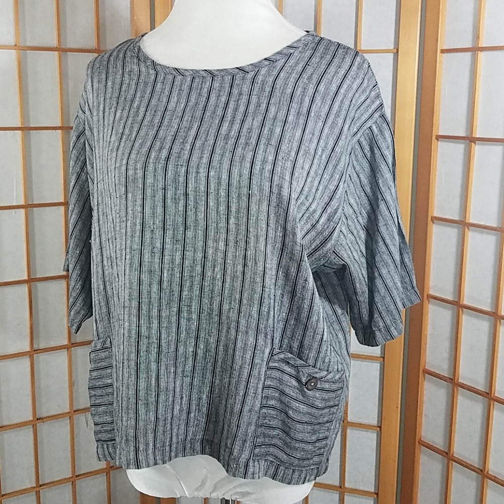 CTC Linens black/white striped 100% linen top - Picture 2 of 8